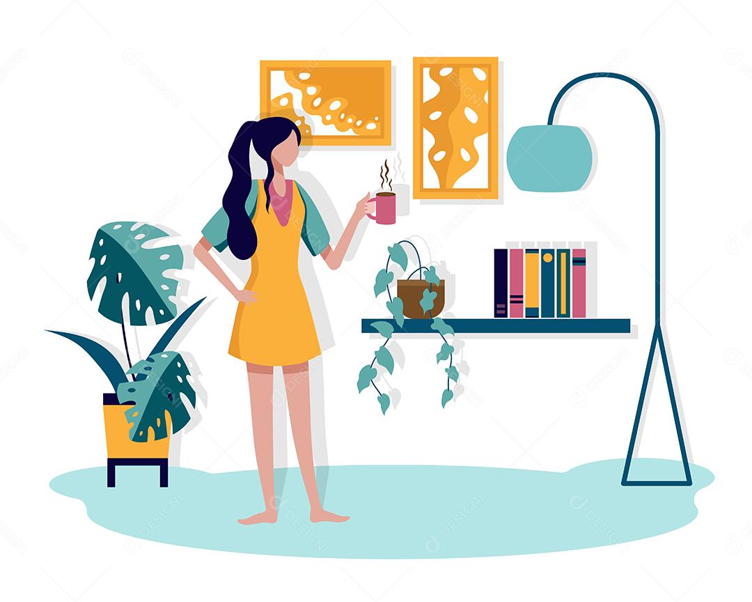 Jovem refrescou a manhã com uma xícara de café favorita