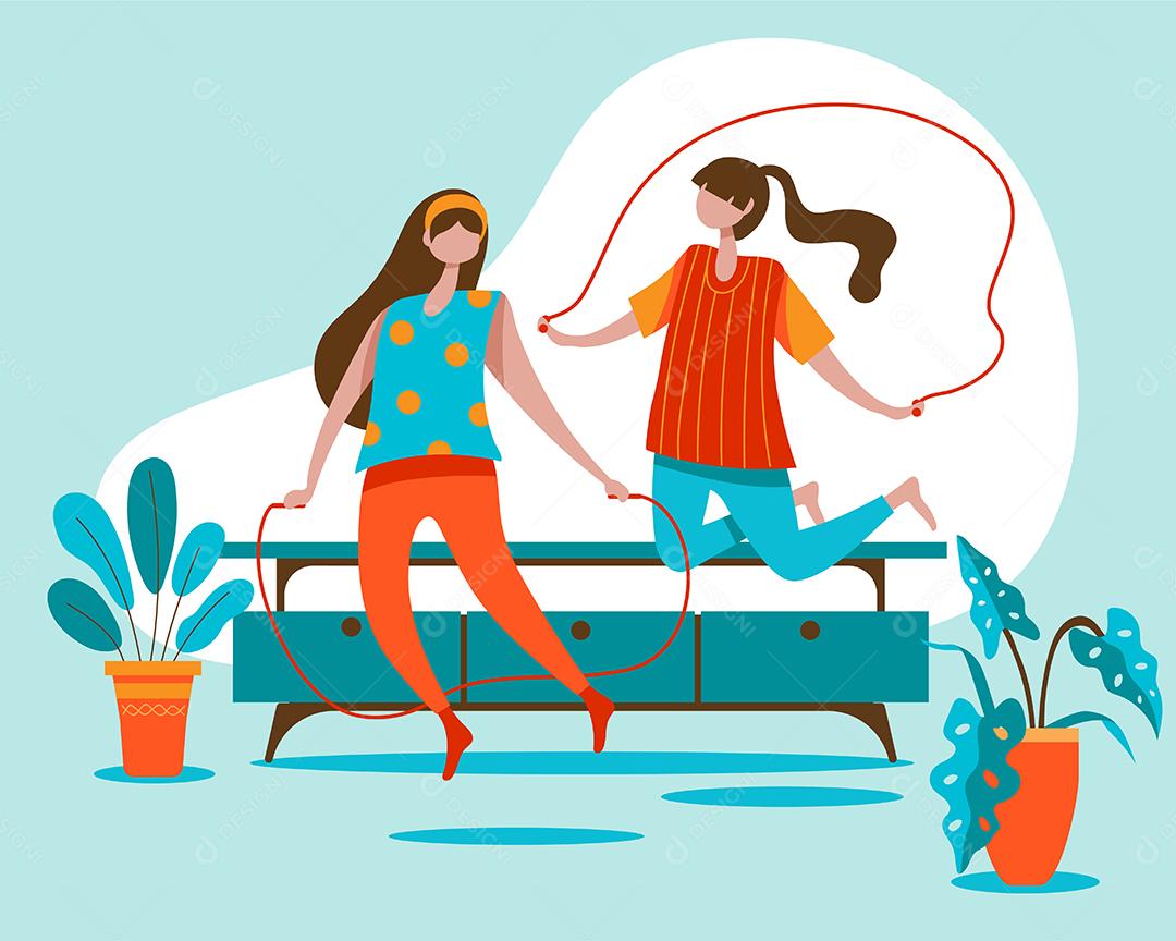 A jovem e sua amiga malham pulando corda