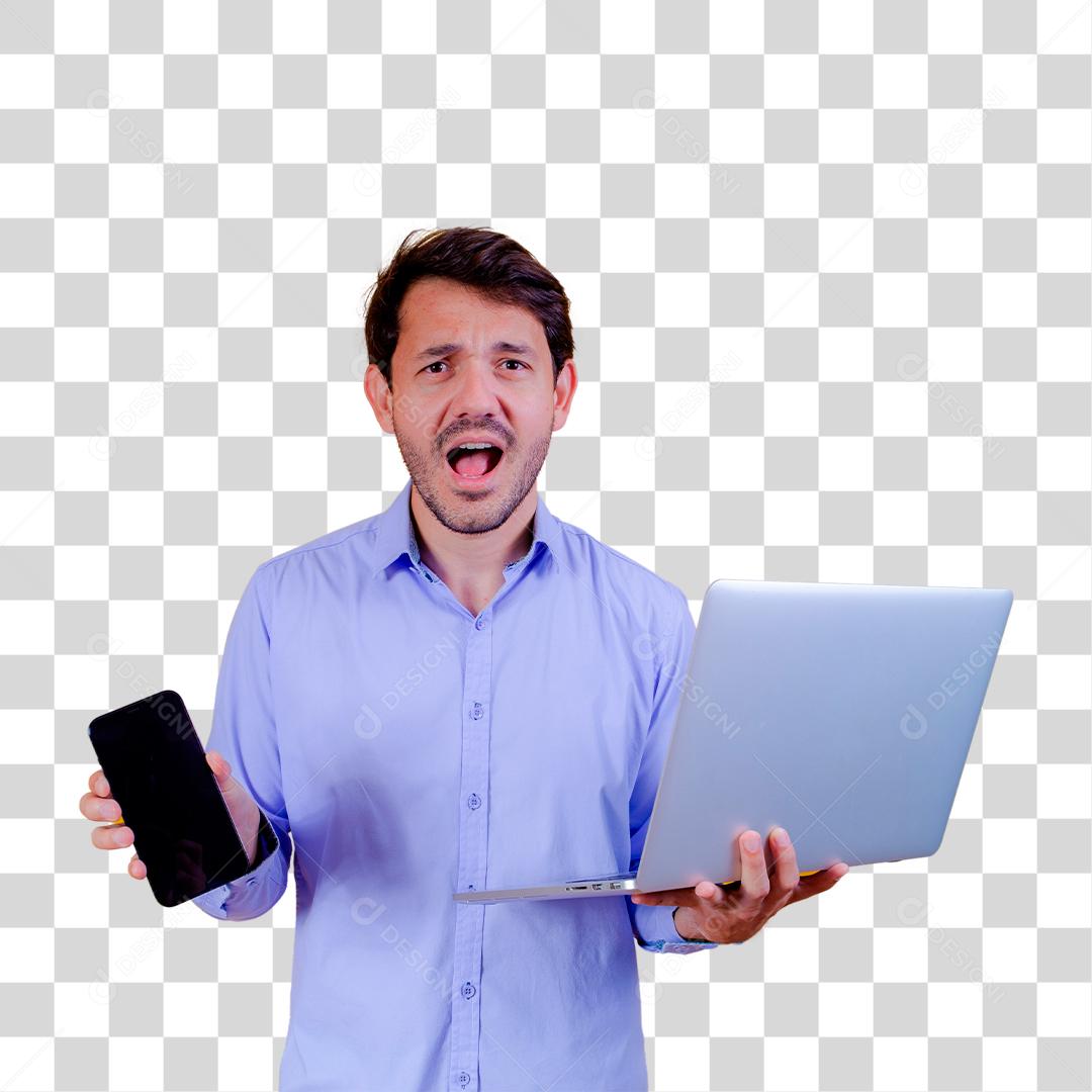 Homem com camisa social manga longa Segurando celular e Notebook e Computador