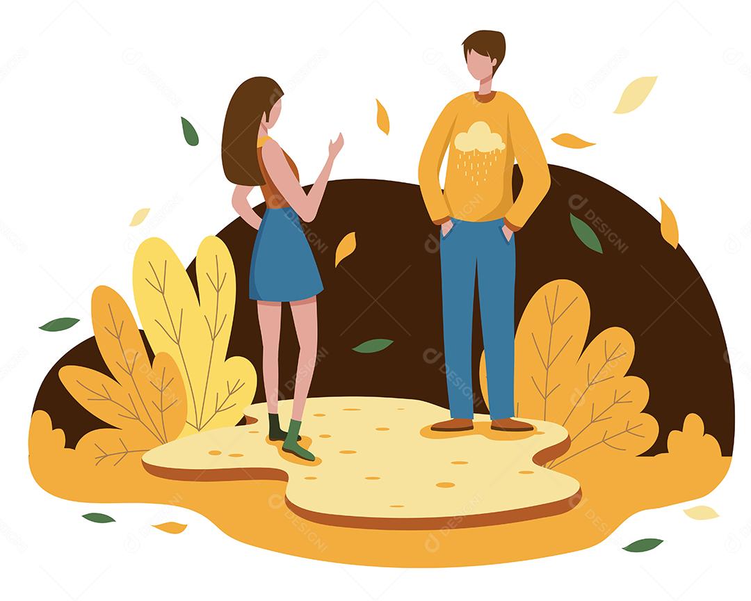 Uma jovem seu namorado fazem uma relaxante viagem de outono.