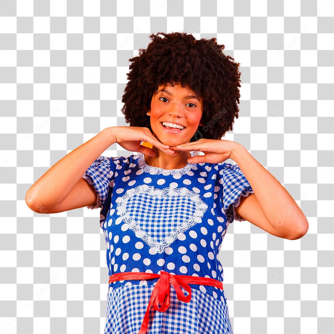 Mulher afro brasileira vestindo roupas típicas para a Festa Junina