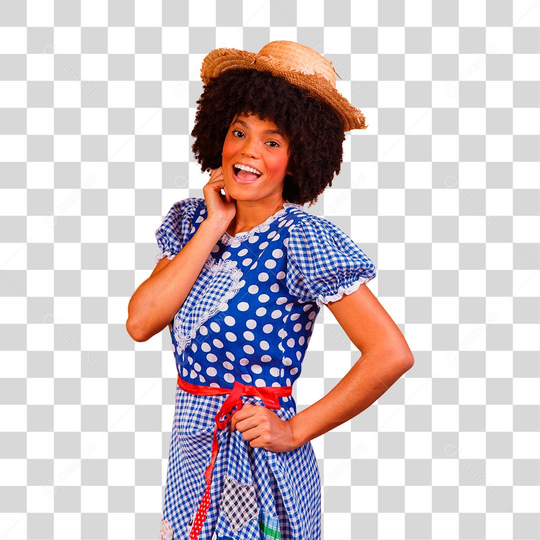 Mulher afro brasileira vestindo roupas típicas para a Festa Junina