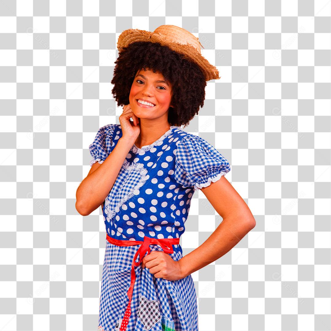Mulher afro brasileira vestindo roupas típicas para a Festa Junina