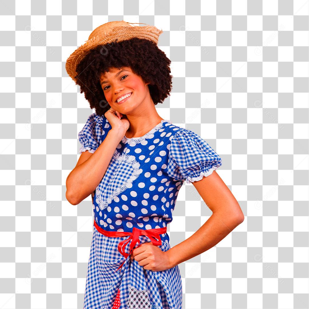 Mulher afro brasileira vestindo roupas típicas para a Festa Junina