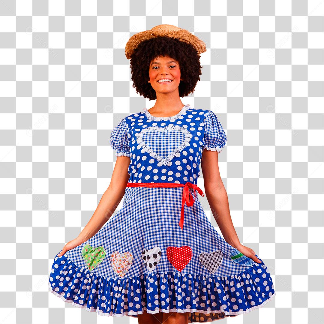 Mulher afro brasileira vestindo roupas típicas para a Festa Junina