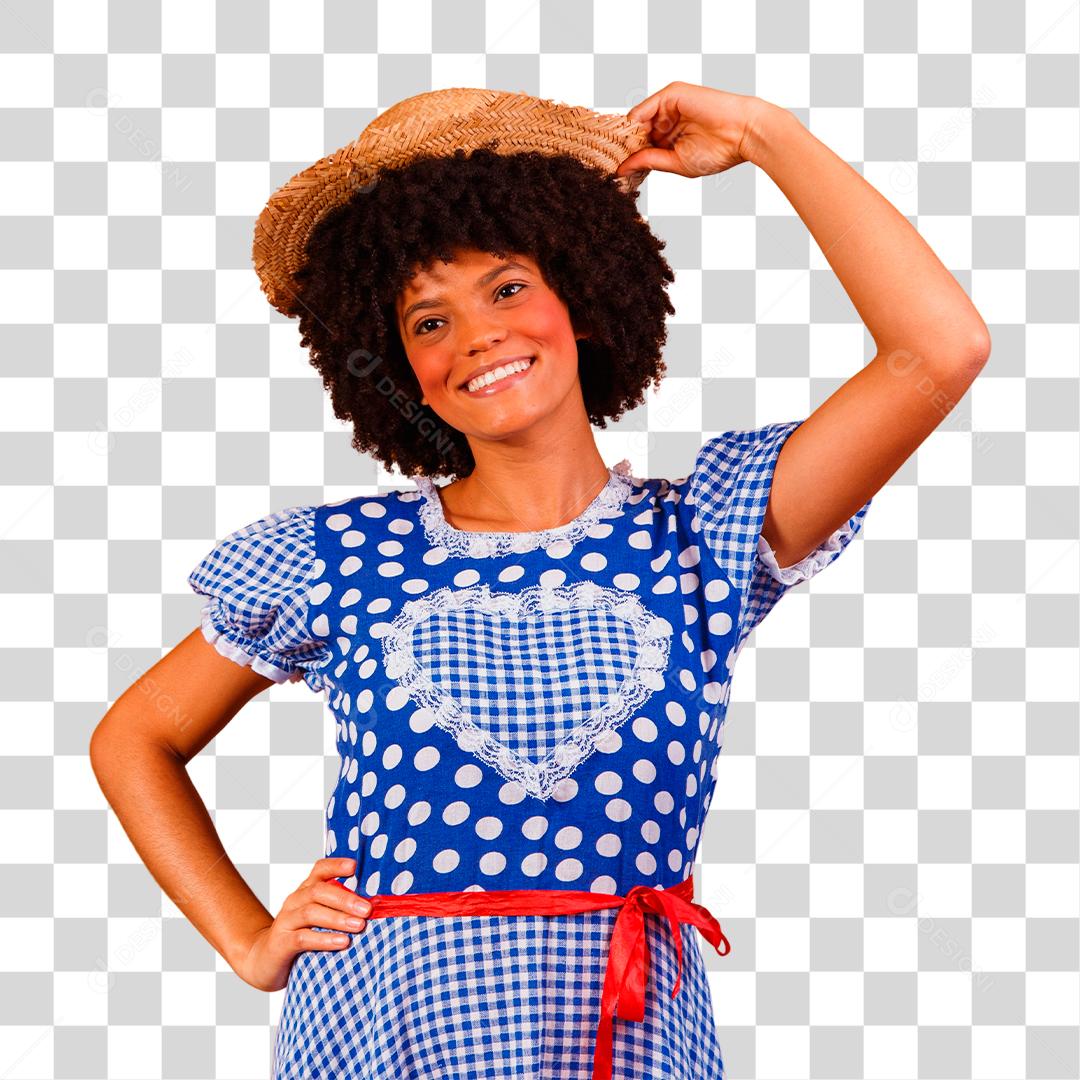 Mulher afro brasileira vestindo roupas típicas para a Festa Junina