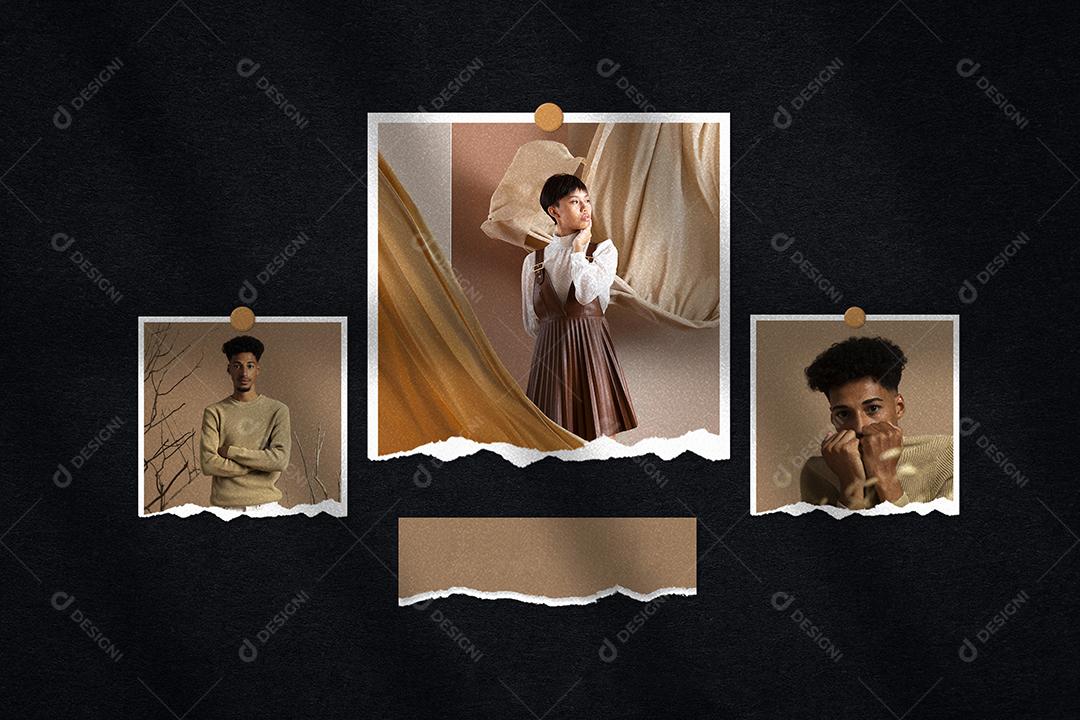 Mockup de Fotos em Papel rasgado Pendurado PSD Editável