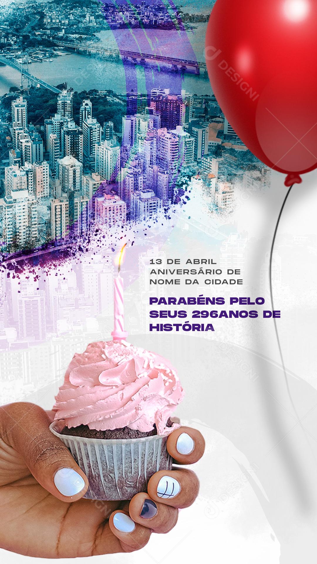 Story Aniversário da Cidade Parabéns pelo Seus 296 Anos de História Social Media PSD Editável