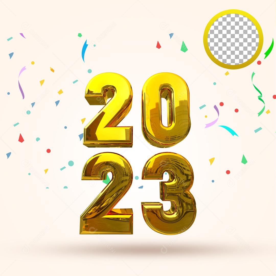 Elemento 3D 2023 Número Dourado para Composição PSD