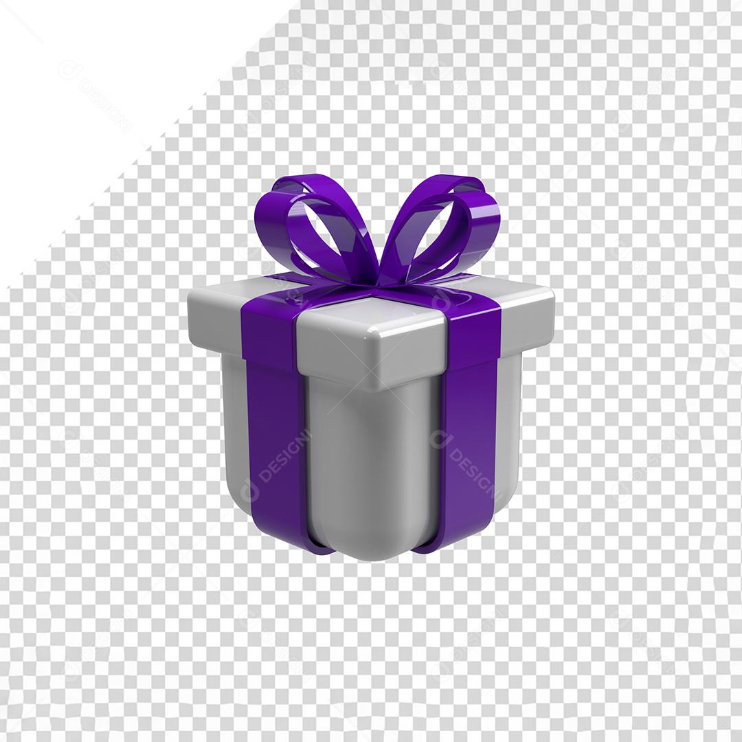 Elemento 3D Caixa de Presentes Branca com Fita Roxa para Composição PSD