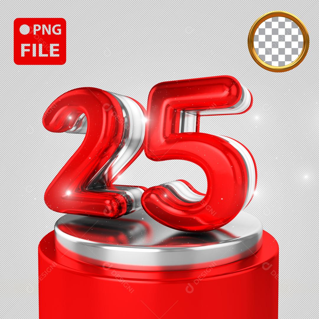 Número 3D 25 Vermelho e Branco em Podium Elemento Para Composição PSD