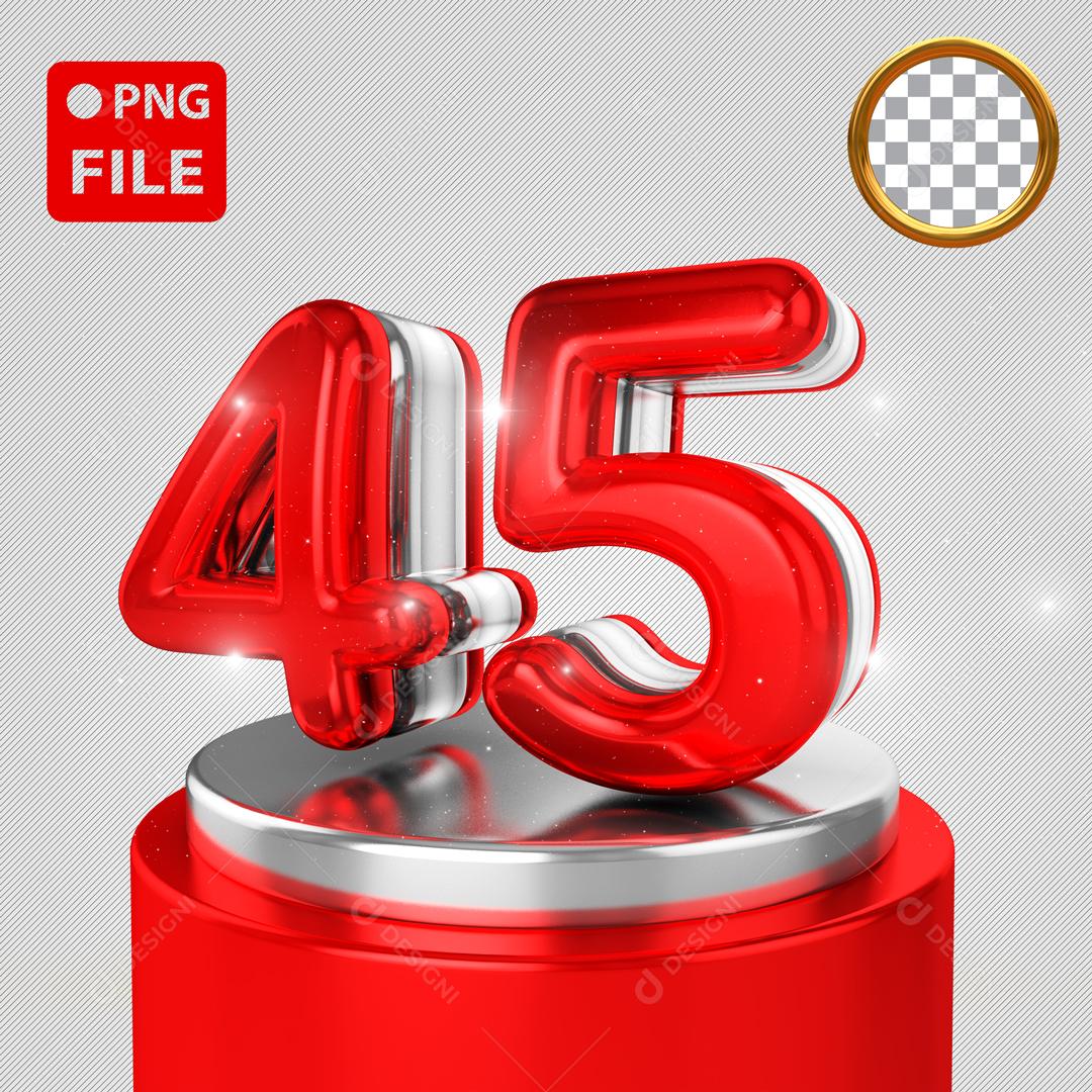 Número 3D 45 Vermelho e Branco em Podium Elemento Para Composição PSD