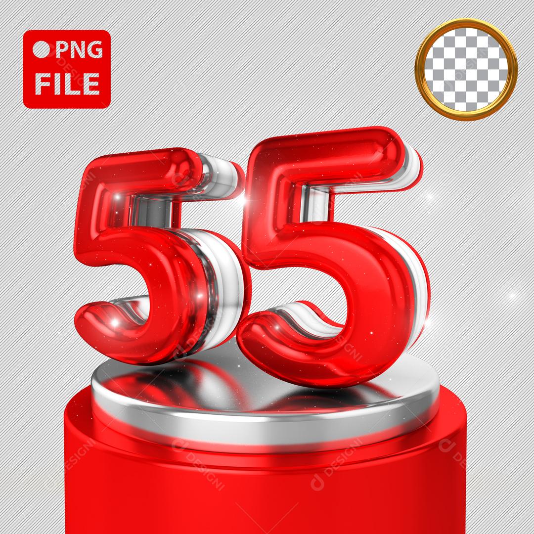 Número 3D 55 Vermelho e Branco em Podium Elemento Para Composição PSD
