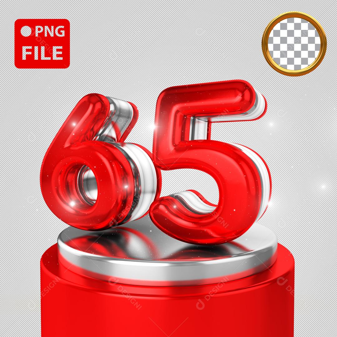 Número 3D 65 Vermelho e Branco em Podium Elemento Para Composição PSD