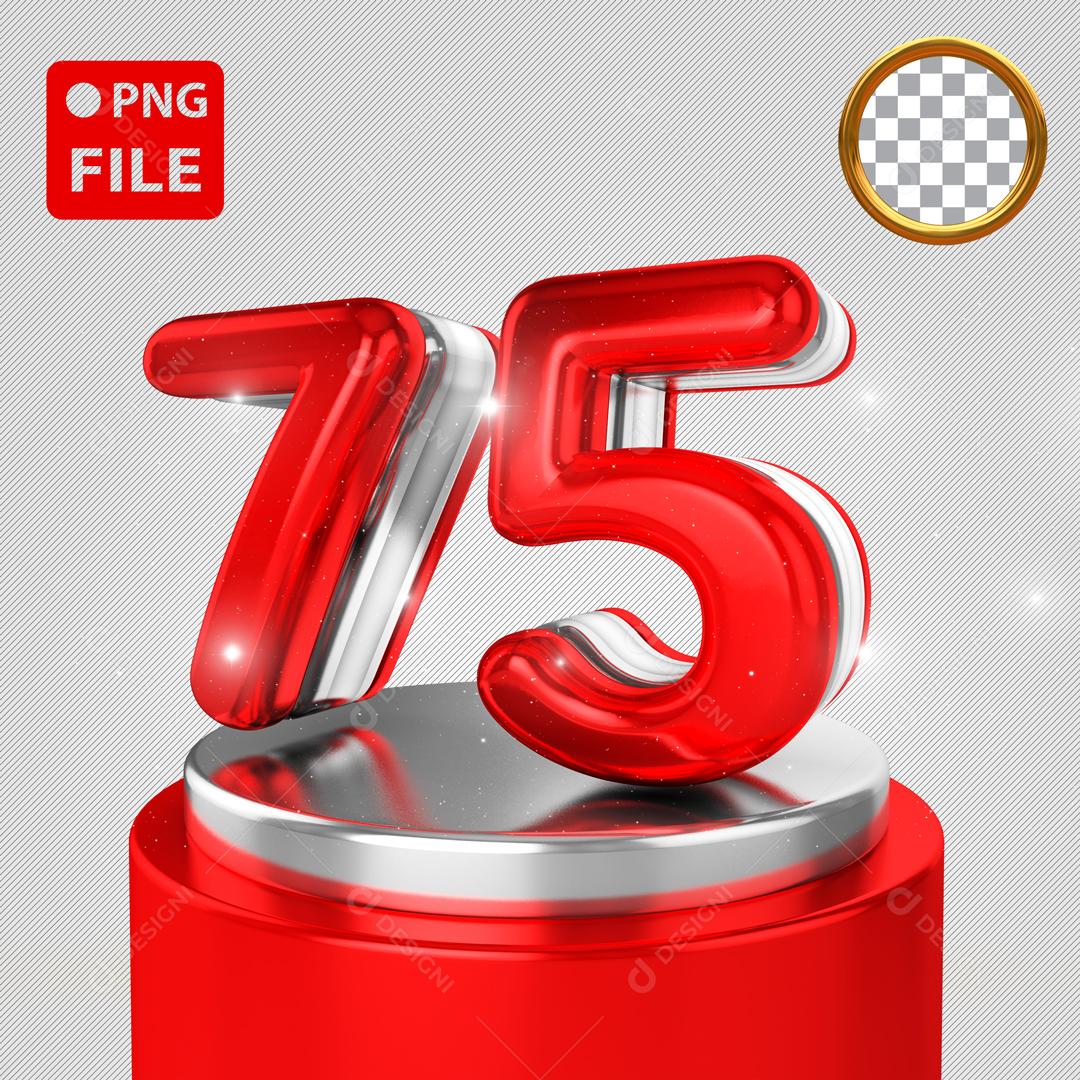 Número 3D 75 Vermelho e Branco em Podium Elemento Para Composição PSD
