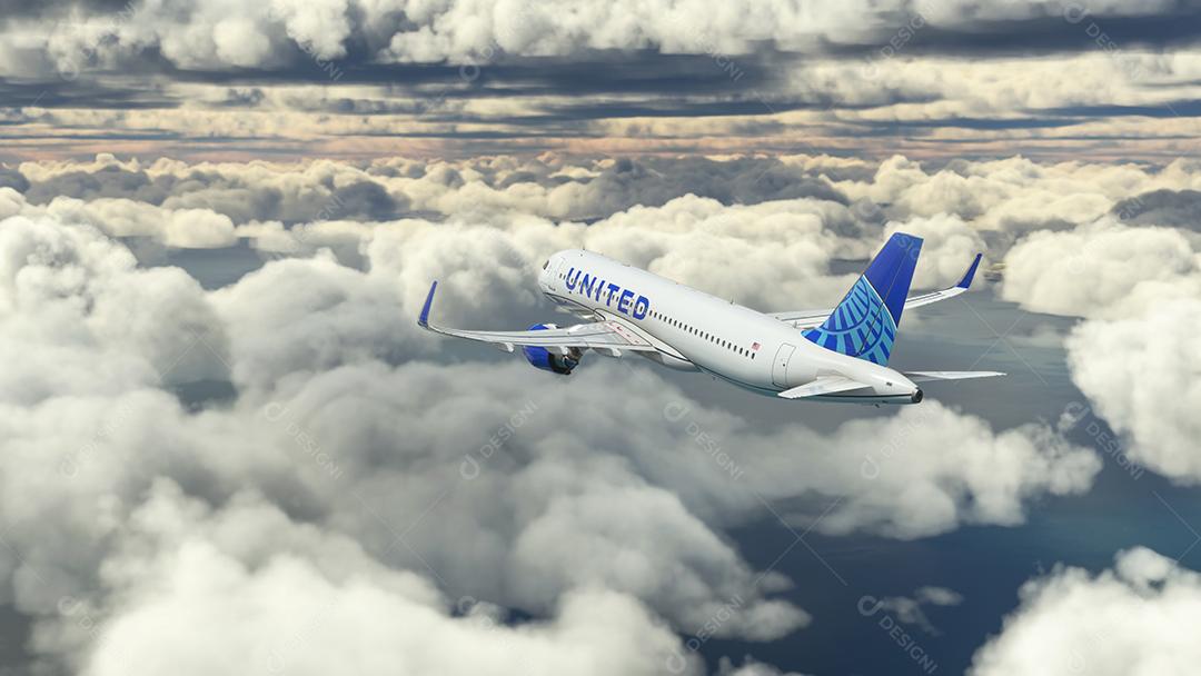 AirBus A320 United voando sobre as nuvens ilustração 3D, 15 de julho de 2022, São Paulo, Brasil
