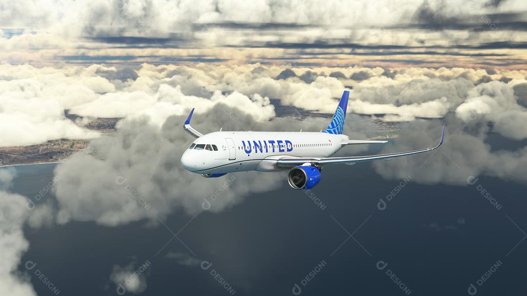 AirBus A320 United voando sobre as nuvens ilustração 3D, 15 de julho de 2022, São Paulo, Brasil