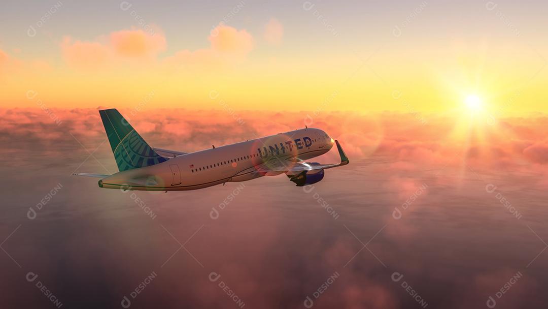 AirBus A320 United voando sobre as nuvens ilustração 3D, 15 de julho de 2022, São Paulo, Brasil