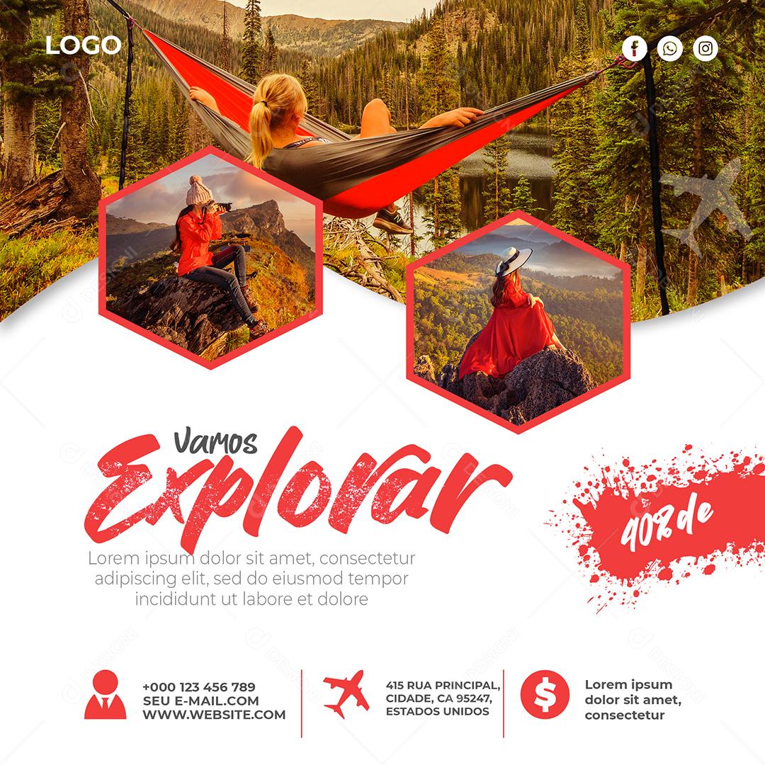 Social Media Vamos Explorar 40% de Desconto Viagem PSD Editável