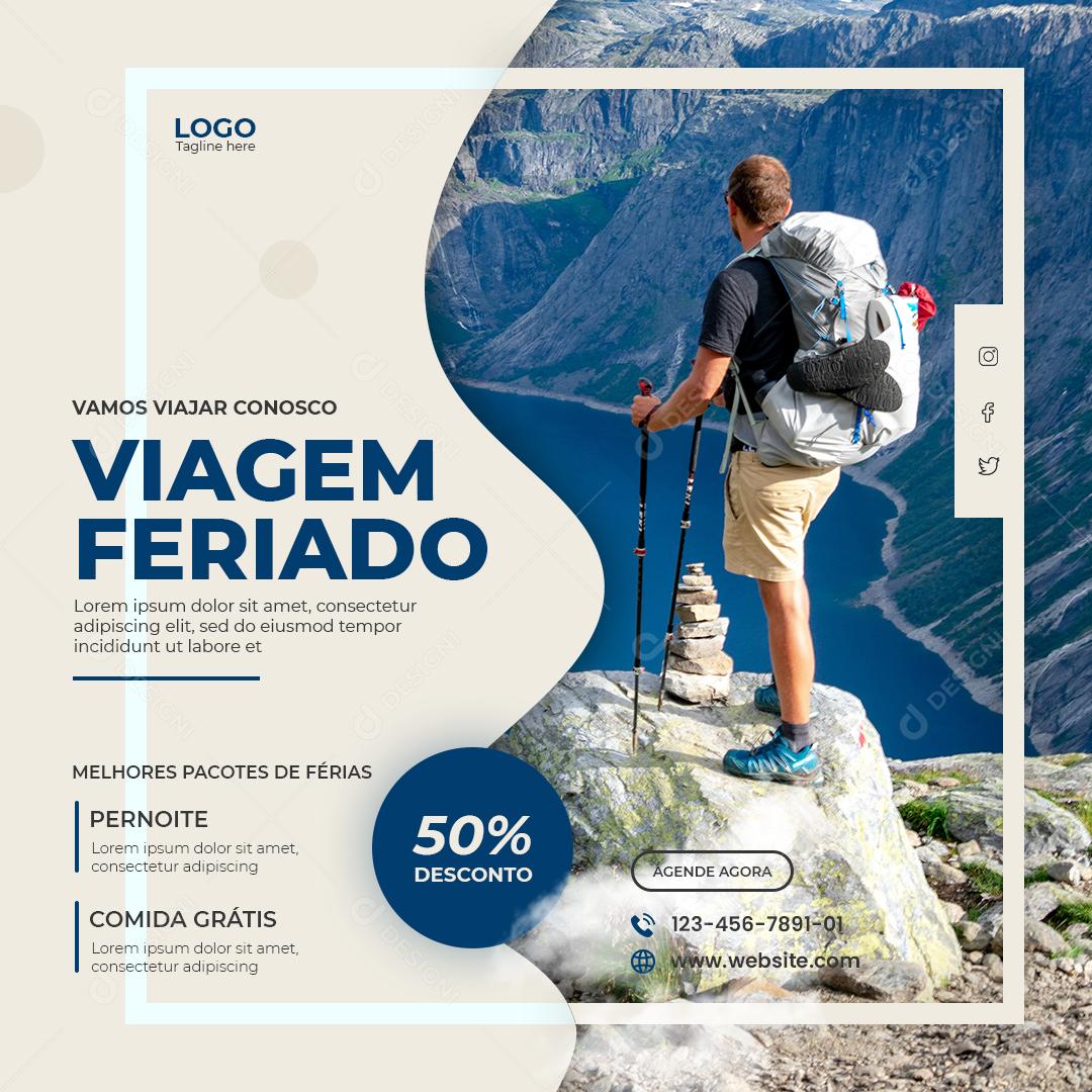 Social Media Vamos viajar com Conosco 50% Desconto Viagem Feriado PSD Editável