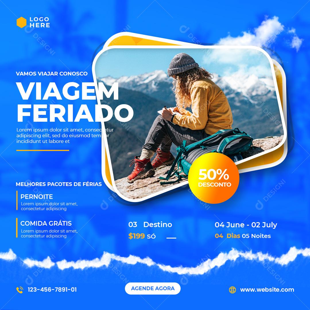 Social Media Vamos viajar com Conosco 50% Desconto Viagem Feriado PSD Editável