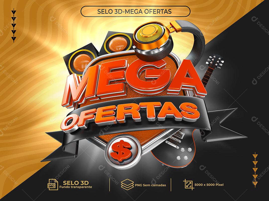 Selo 3D Mega Ofertas Laranjado para Composição PNG Transparente Sem Fundo