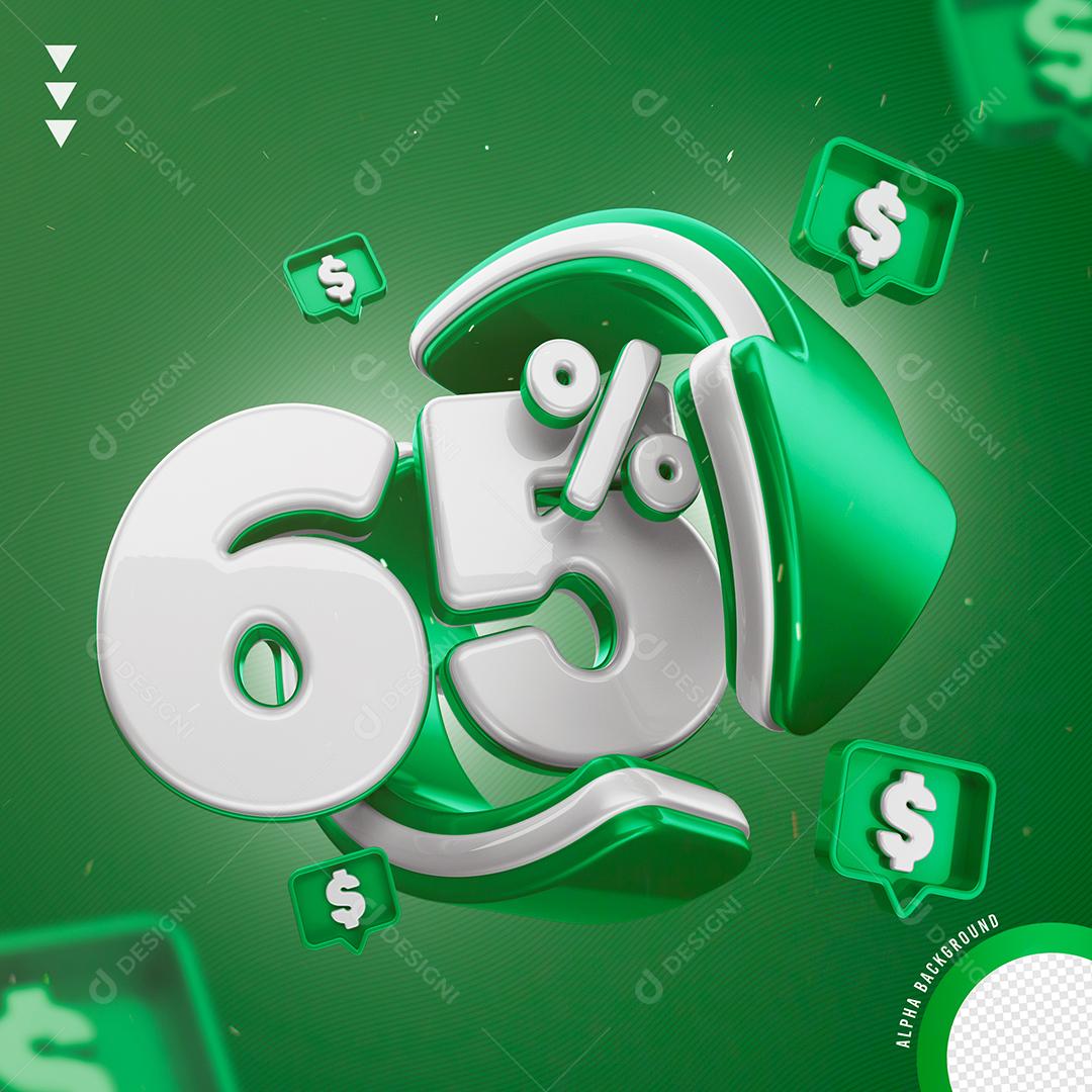 Elemento 3D 65% Por Cento Branco e Verde para Composição PNG Transparente Sem Fundo