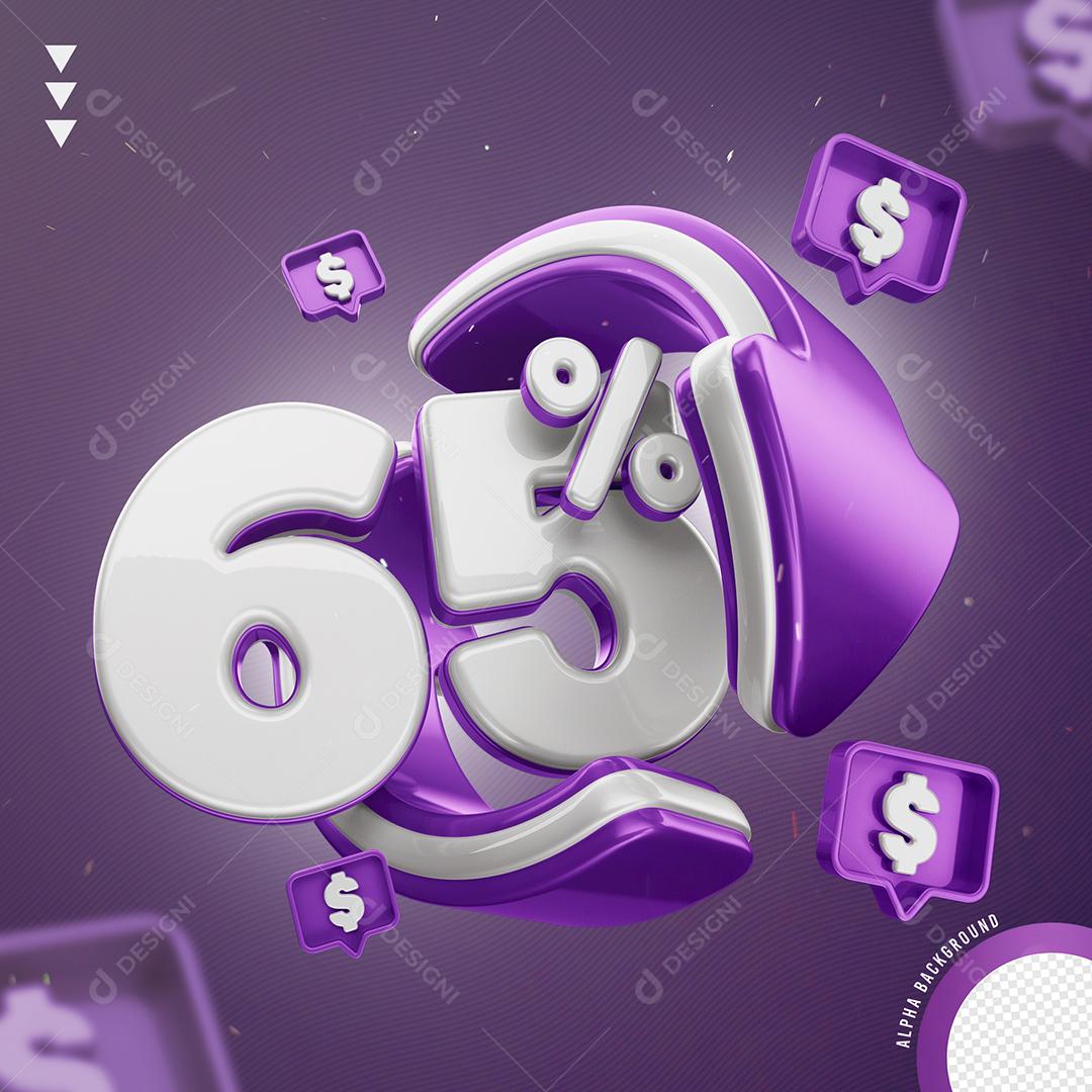 Elemento 3D 65% Por Cento Branco e Roxo para Composição PNG Transparente Sem Fundo