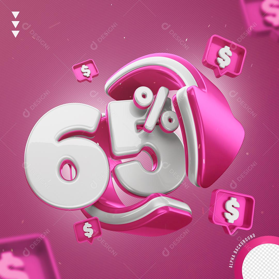 Elemento 3D 65% Por Cento Branco e Rosa para Composição PNG Transparente Sem Fundo
