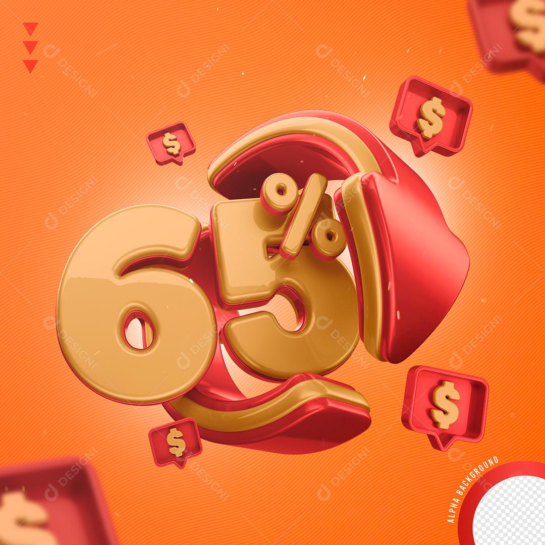 Elemento 3D 65% Por Cento Laranjado e Vermelho para Composição PNG Transparente Sem Fundo