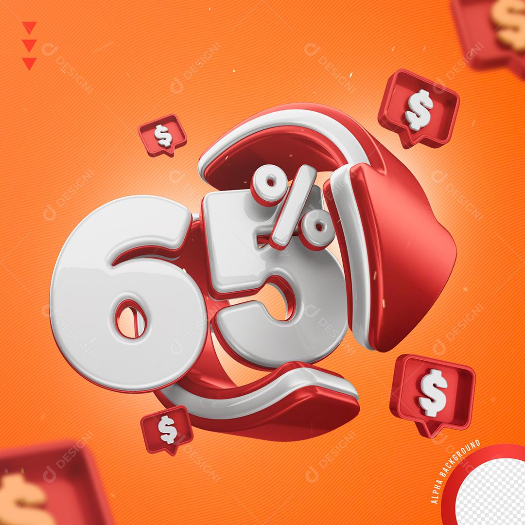 Elemento 3D 65% Por Cento Branco e Vermelho para Composição PNG Transparente Sem Fundo