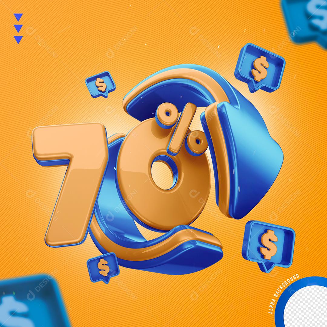 Elemento 3D 70% Por Cento Laranjado e Azul para Composição PNG Transparente Sem Fundo