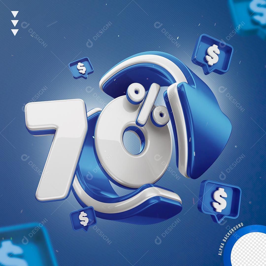 Elemento 3D 70% Por Cento Branco e Azul para Composição PNG Transparente Sem Fundo