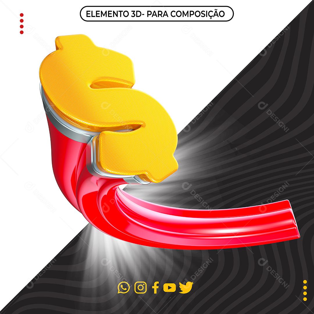 Cifrão Amarelo e Vermelho Elemento 3D para Composição PNG Transparente