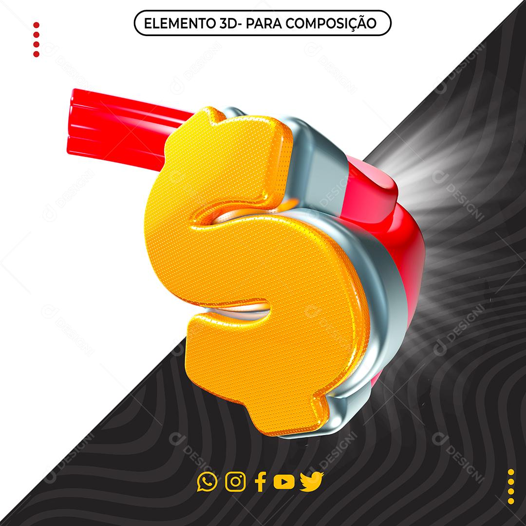 Elemento 3D Cifrão Amarelo e Vermelho para Composição PNG Transparente