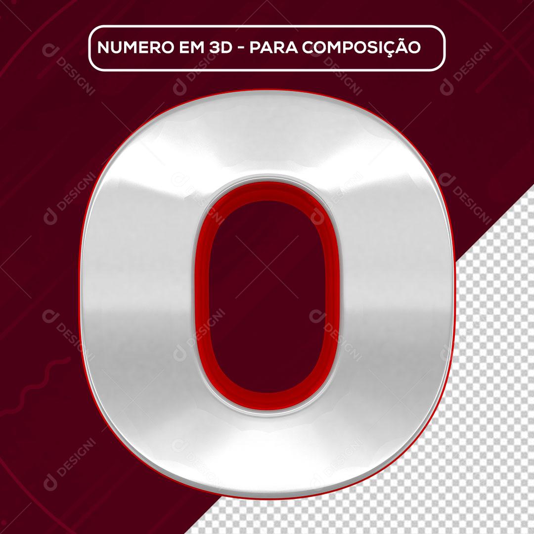 Número 0 3D Branco e Vermelho para Composição PNG Transparente Sem Fundo