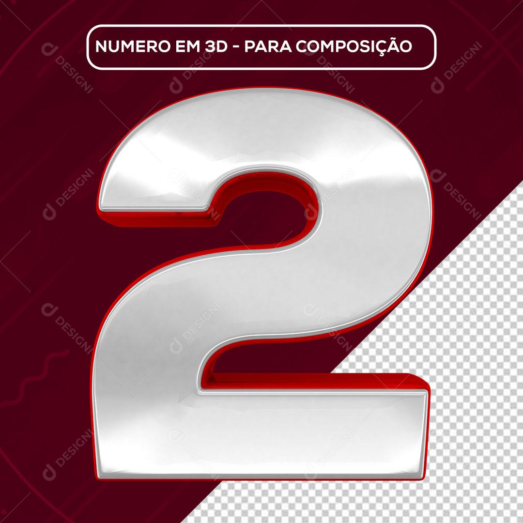 Número 2 3D Branco e Vermelho para Composição PNG Transparente Sem Fundo