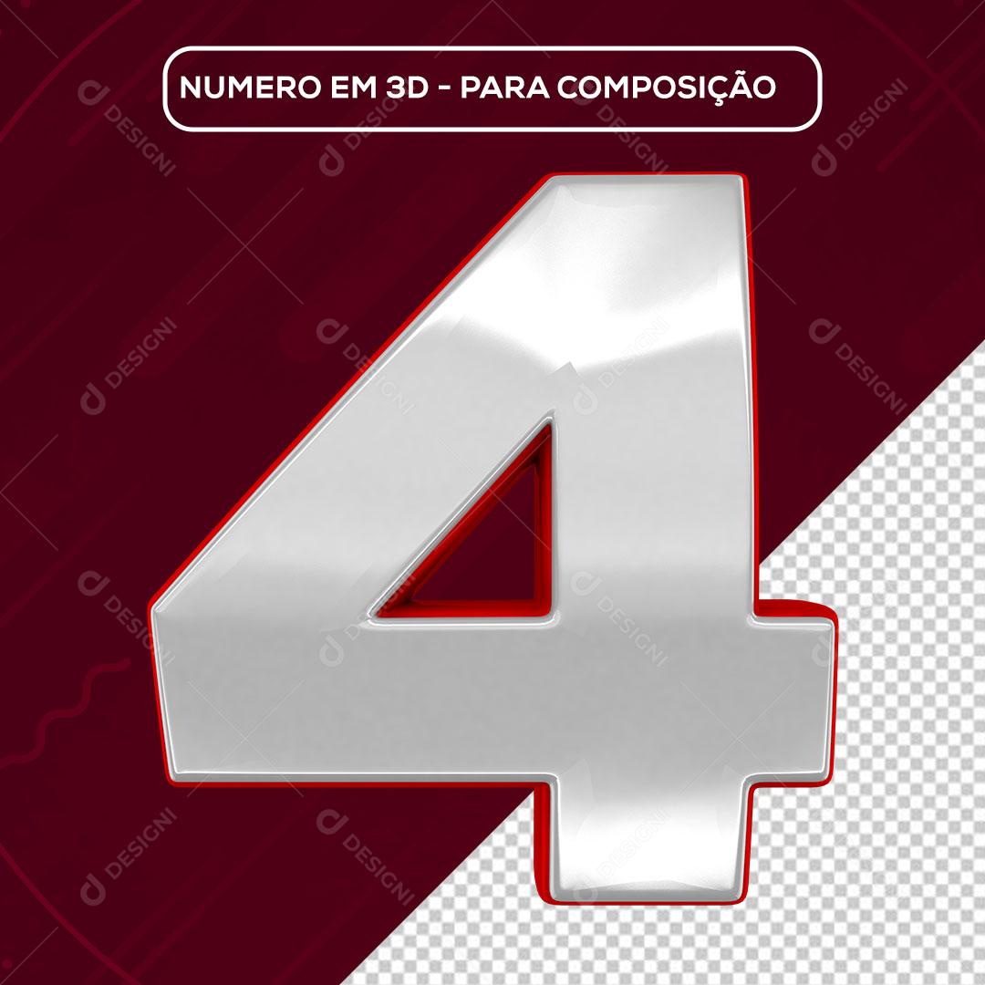 Número 4 3D Branco e Vermelho para Composição PNG Transparente Sem Fundo
