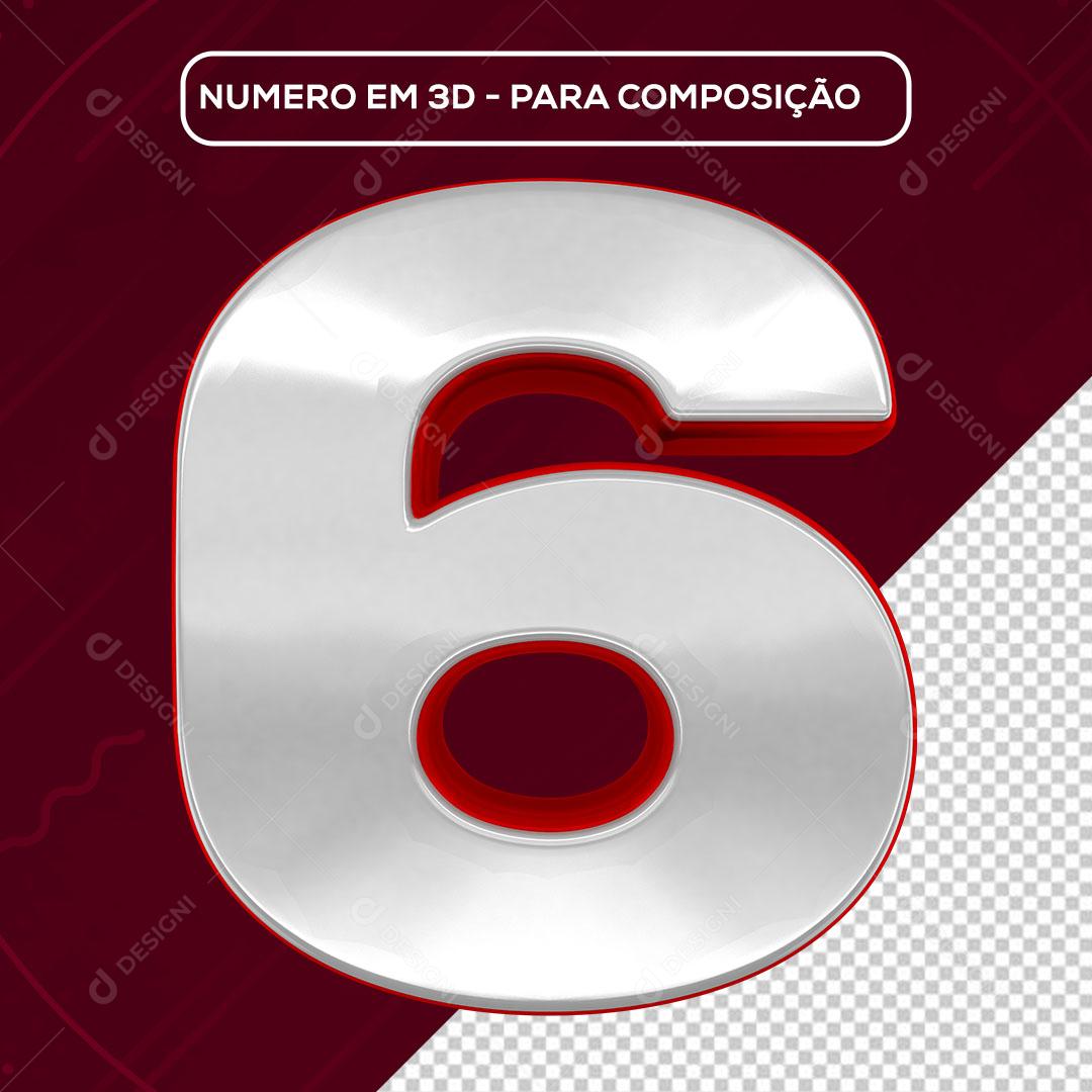 Número 6 3D Branco e Vermelho para Composição PNG Transparente Sem Fundo