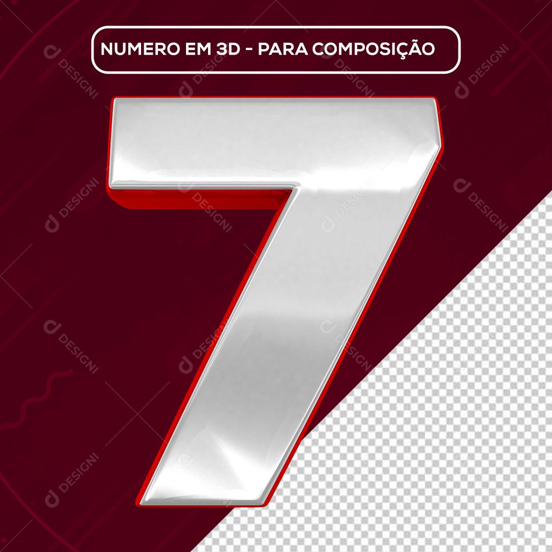 Número 7 3D Branco e Vermelho para Composição PNG Transparente Sem Fundo