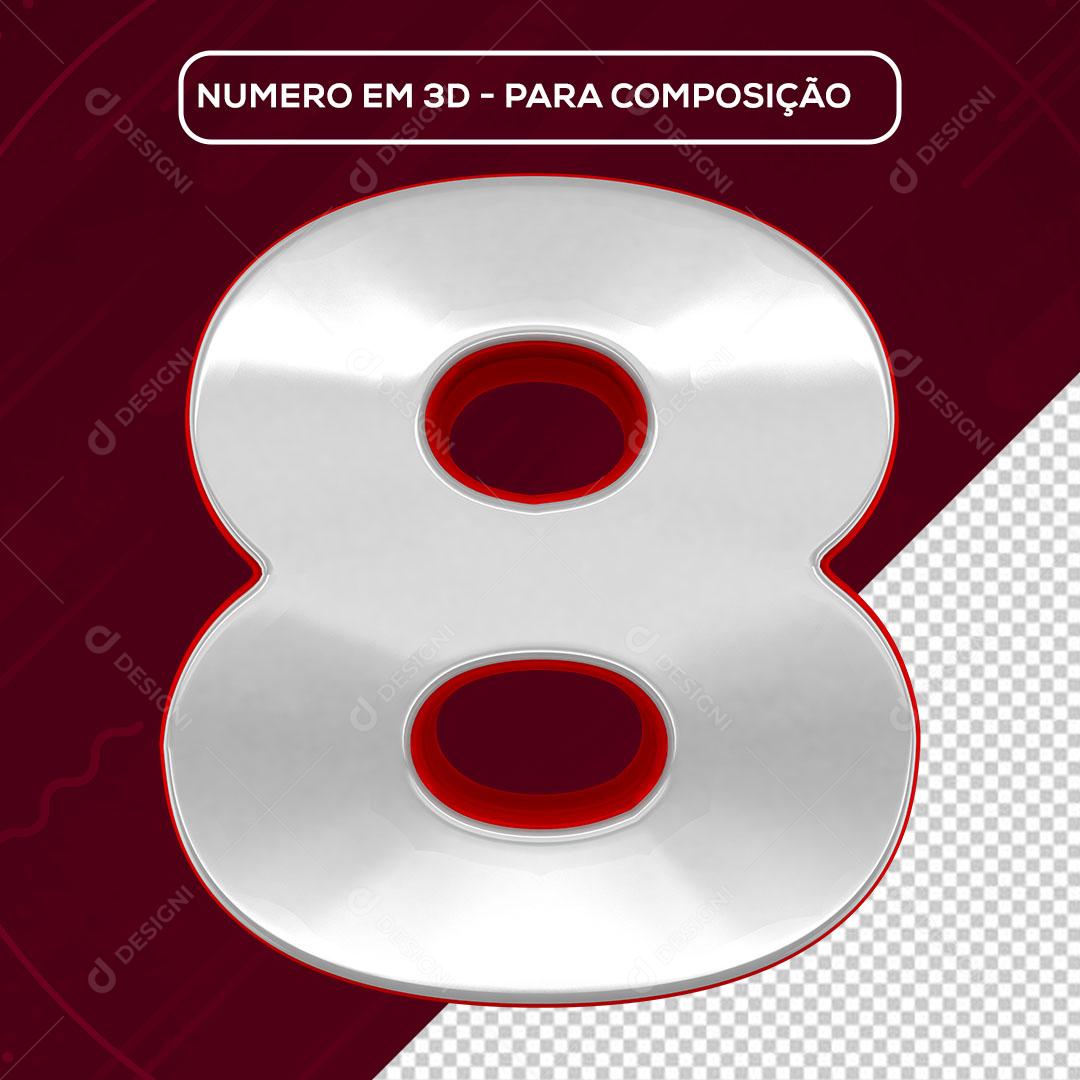 Número 8 3D Branco e Vermelho para Composição PNG Transparente Sem Fundo