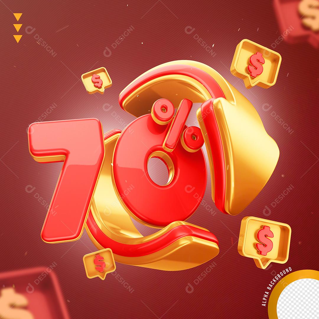 Elemento 3D 70% Por Cento Vermelho e Dourado para Composição PNG Transparente Sem Fundo