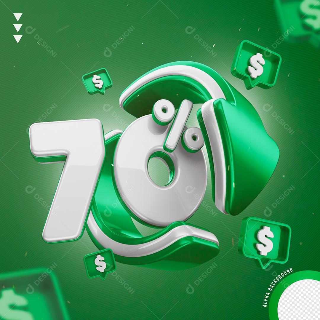 Elemento 3D 70% Por Cento Branco e Verde para Composição PNG Transparente Sem Fundo