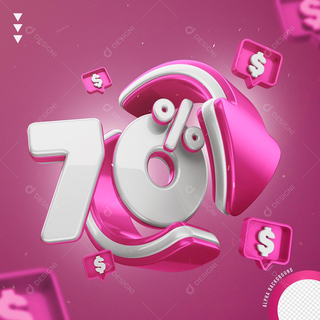 Elemento 3D 70% Por Cento Branco e Rosa para Composição PNG Transparente Sem Fundo