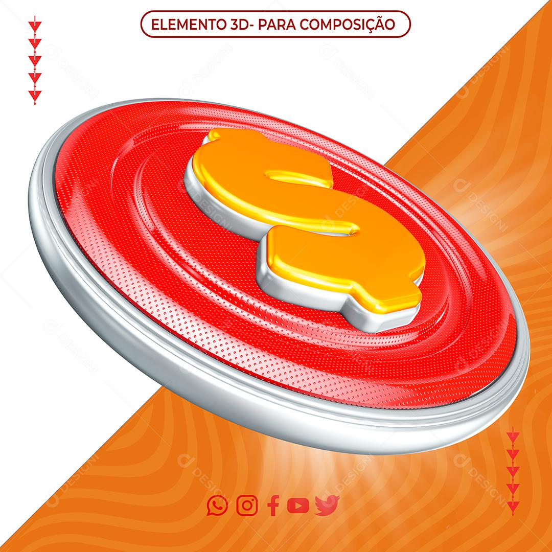 Elemento 3D Cifrão Dourado e Vermelho para Composição PNG Transparente Sem Fundo