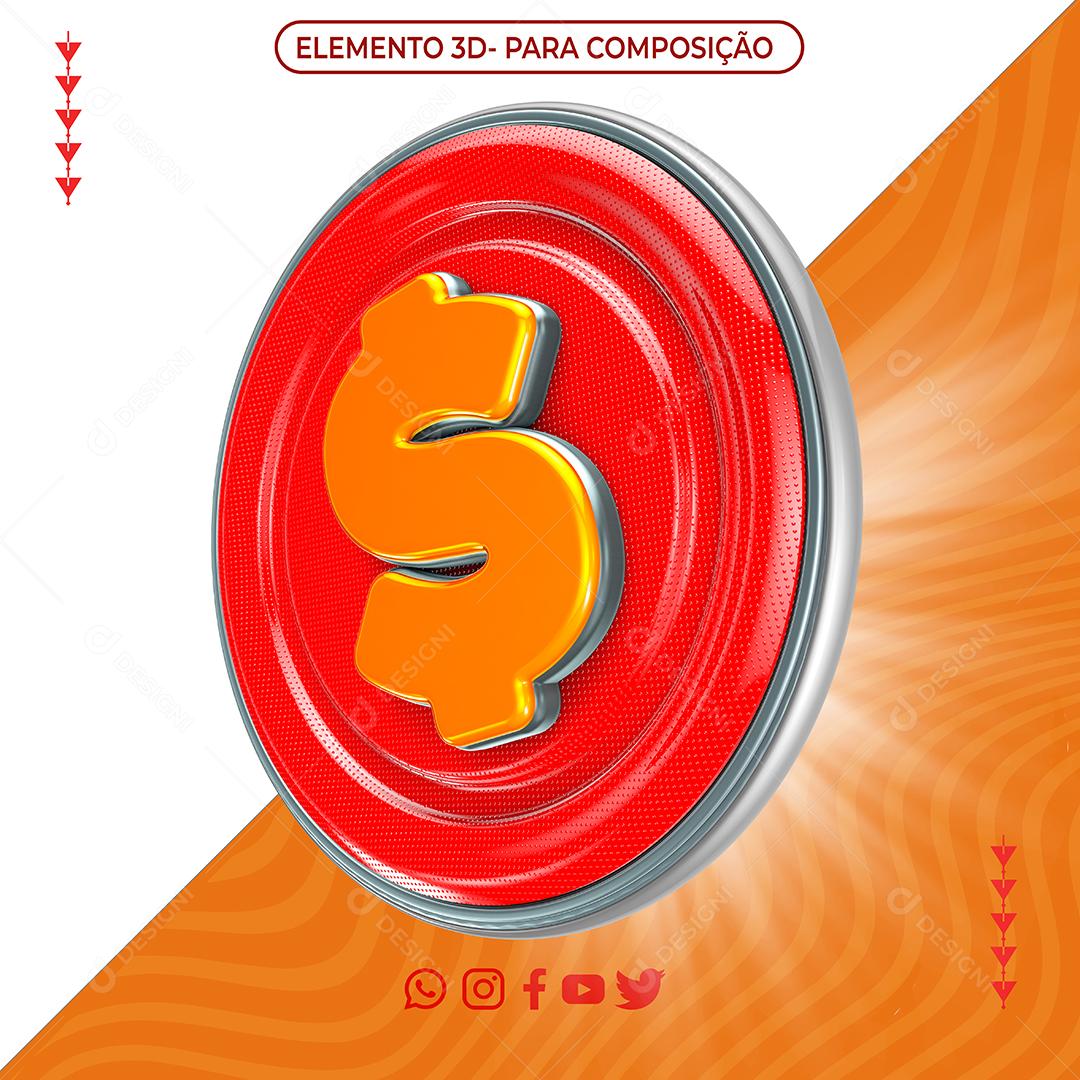 Cifrão Dourado e Vermelho Elemento 3D para Composição PNG Transparente Sem Fundo