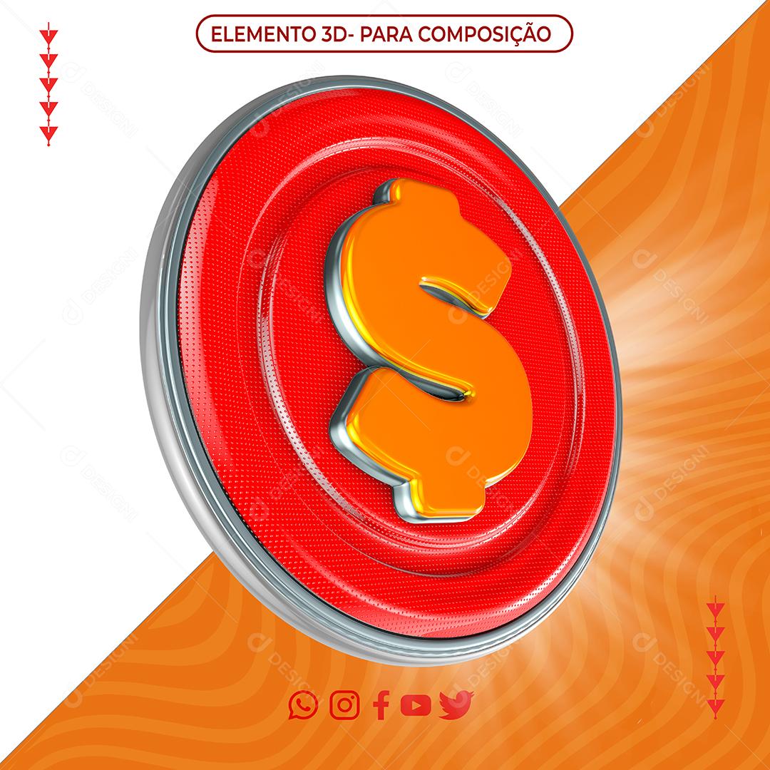Elemento 3D Cifrão Dourado e Vermelho para Composição PNG Transparente Sem Fundo