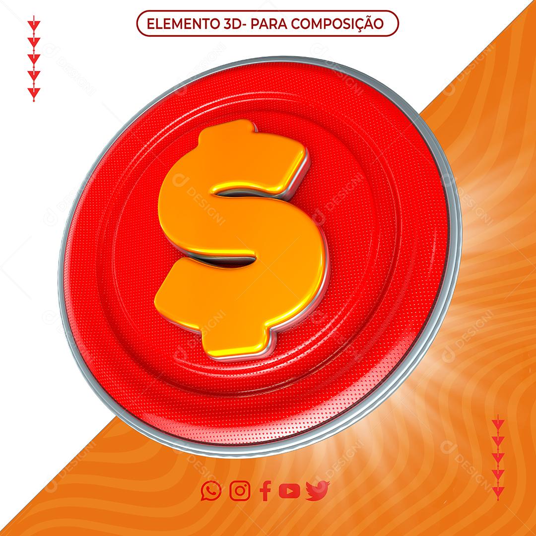 Cifrão 3D Dourado e Vermelho Elemento para Composição PNG Transparente Sem Fundo