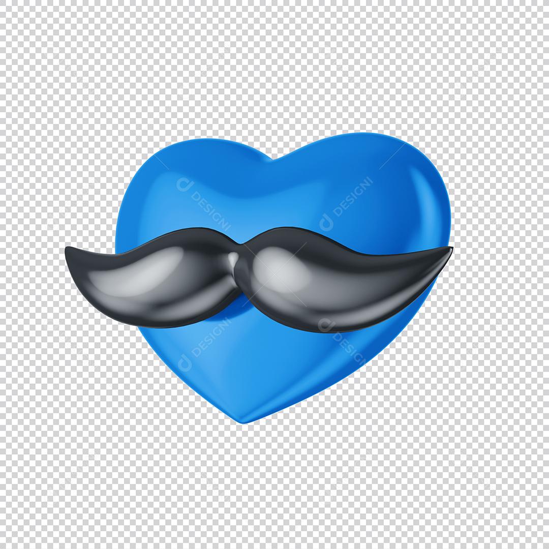 Coração 3D Azul com Bigode do Dia dos Pais Elemento para Composição PSD