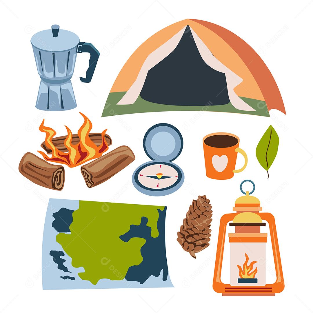 Ícones de viagens de acampamento em vetor de desenho animado